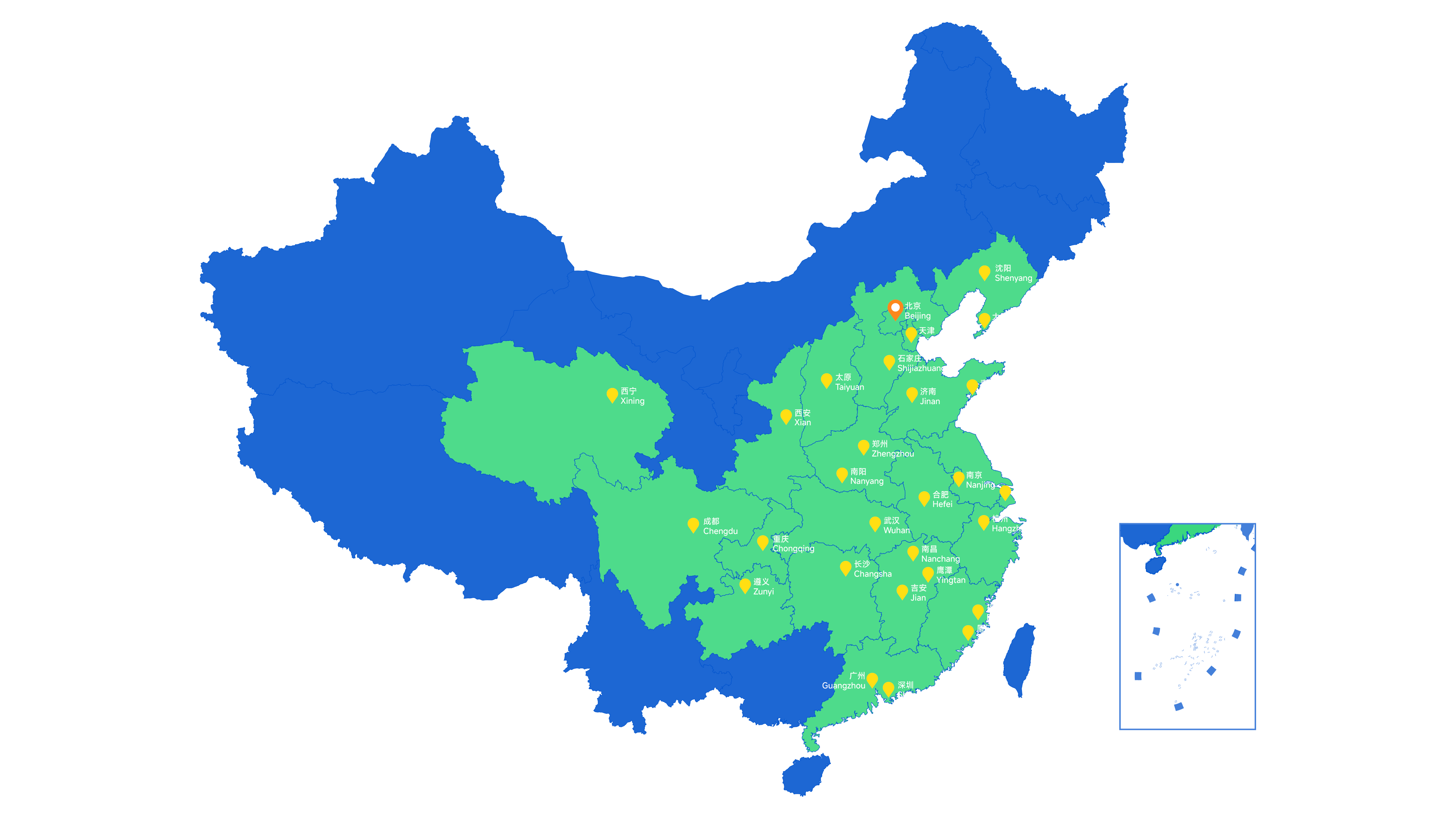 全国服务网络地图:立足北京,服务全国,截至2026年6月服务落地21个省市、28个城市。